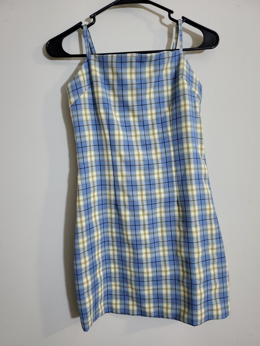 Plaid Spaghetti Strap Mini Dress in Blue and Cream